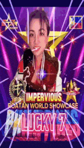 a woman is standing in front of a sign that says impervious boatan world showcase