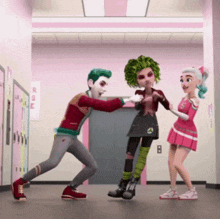 a couple of cartoon characters are standing next to each other in a hallway