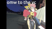 a cartoon of a girl on a motorcycle with the words omw to the vc below her