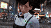 a woman in a bow tie has a green circle around her neck that says ex action