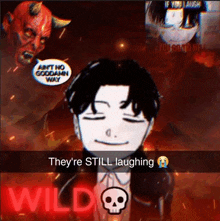a man with a skull on his chest is laughing in front of a demon .