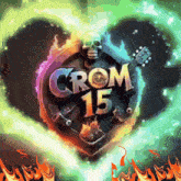 a colorful logo for crom 15 with a skull and a guitar