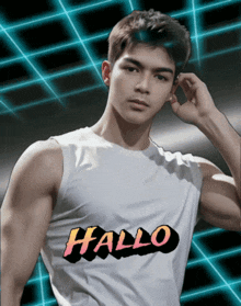 a man wearing a tank top that says hallo
