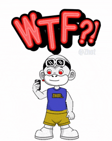 a cartoon of a monkey holding a cell phone with wtf written above him