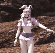 a girl with bunny ears is wearing a bikini