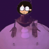 a cartoon character with glasses is floating in the air with a purple background