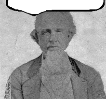 a black and white photo of an old man with a beard and a speech bubble above his head .