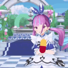 a 3d anime girl with purple hair is holding a red and yellow capsule .