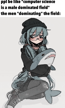 a drawing of a girl holding a stuffed shark