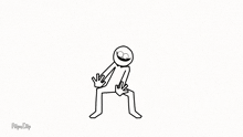 a black and white drawing of a stick figure dancing with a smiley face on his face .
