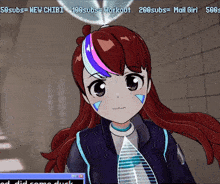 a computer screen shows a girl with red hair and a blue and pink stripe on her hair