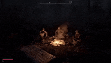 a group of people are sitting around a campfire at night .