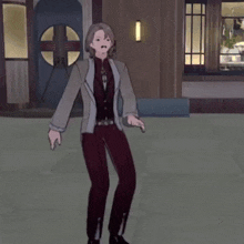 a cartoon character in a suit is standing on one leg