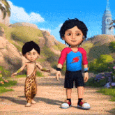 a boy with a lightning bolt on his shirt stands next to another boy