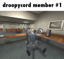 a man in a suit and tie sits in an office chair with his arms outstretched and the words droopycord member # 1 below him