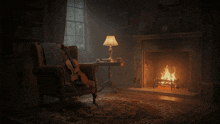 a fireplace in a dark room with a chair and a violin