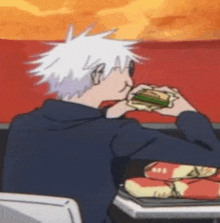 a cartoon character is eating a sandwich in a restaurant .