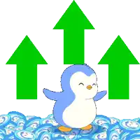 a blue and white penguin is standing on a green arrow with the word engo on it