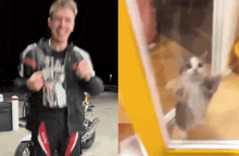 a man in a motorcycle suit is standing next to a cat in a room .