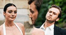 a man and a woman are standing next to each other and looking at each other