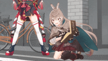a drawing of a girl kneeling down with a book and a bicycle in the background