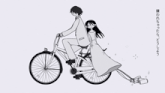 a black and white drawing of a man and a woman on a bike