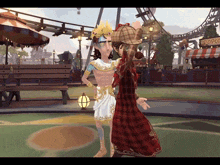 two cartoon characters are dancing in front of a roller coaster with a popcorn stand in the background