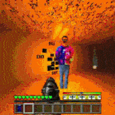 a man in a tie dye shirt is standing next to a statue in a game