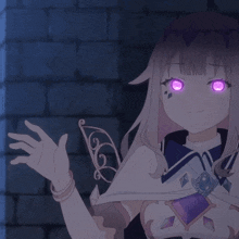 a girl with purple eyes is standing in front of a wall