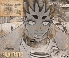 a black and white drawing of a woman holding a cup of coffee with the words " delicious coffee " written on it