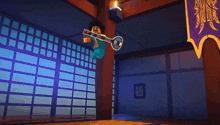 a lego character holding a guitar in a room