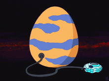 a cartoon drawing of a broken egg with a blue and orange stripe