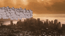 a group of ghosts are flying over a city skyline