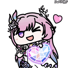 a drawing of a girl holding a heart with darchilles written on the bottom right