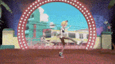a woman is dancing on a stage in front of a train in a video game .
