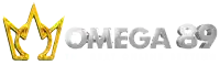 a logo for omega 89 with a gold crown on top