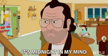 a cartoon of a man with glasses says it 's midnight in my mind