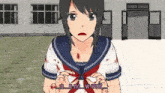 a girl in a sailor uniform is standing in front of a building with blood on her face .
