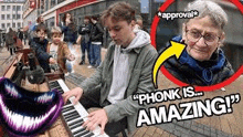 a young man is playing a piano on the street in front of a crowd of people .