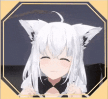 a anime girl with white hair and cat ears is smiling