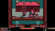a video game screen shows a man standing in front of a table with a ladder