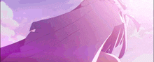 a girl in a purple dress is flying through the air in a cartoon .