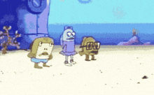a group of cartoon characters standing on a beach