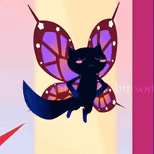 a black cat with butterfly wings is sitting on a pink background