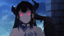 a girl with red eyes has the letters xg on her ear