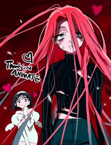 a drawing of a girl with long red hair and the words thank you animate on the bottom