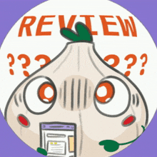 a cartoon of a onion with a microphone and the words review on the top