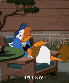 a cartoon of donald duck sitting in a chair with the words hell no