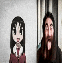a man with a beard is sticking his tongue out next to a cartoon girl with her mouth open