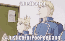 a man and a woman are standing next to each other with the words justice for peepee gang on the bottom